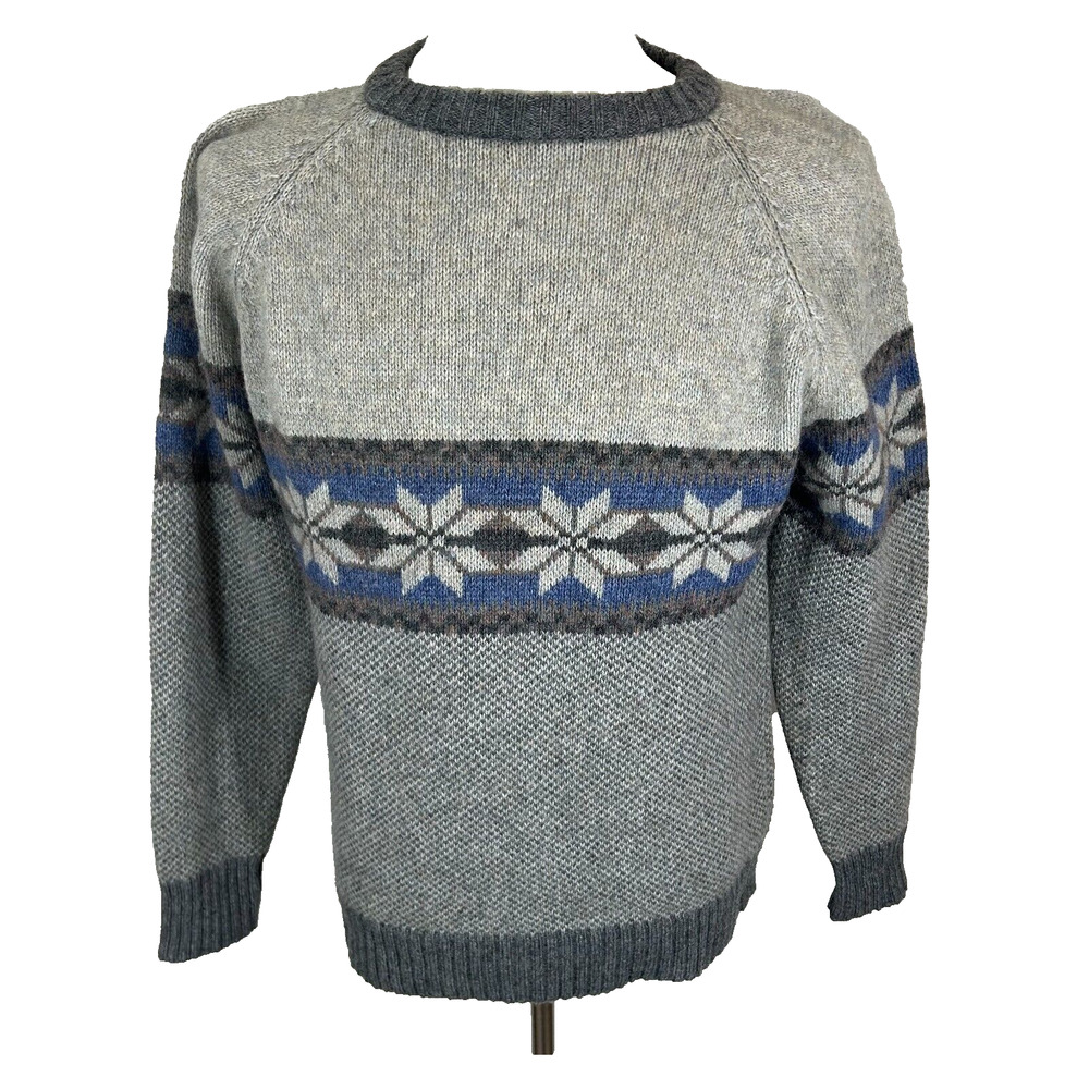 Vintage McGregor Sweater Mens Large Gray‎ Blue Fair Isle Wool Blend Long Sleeve